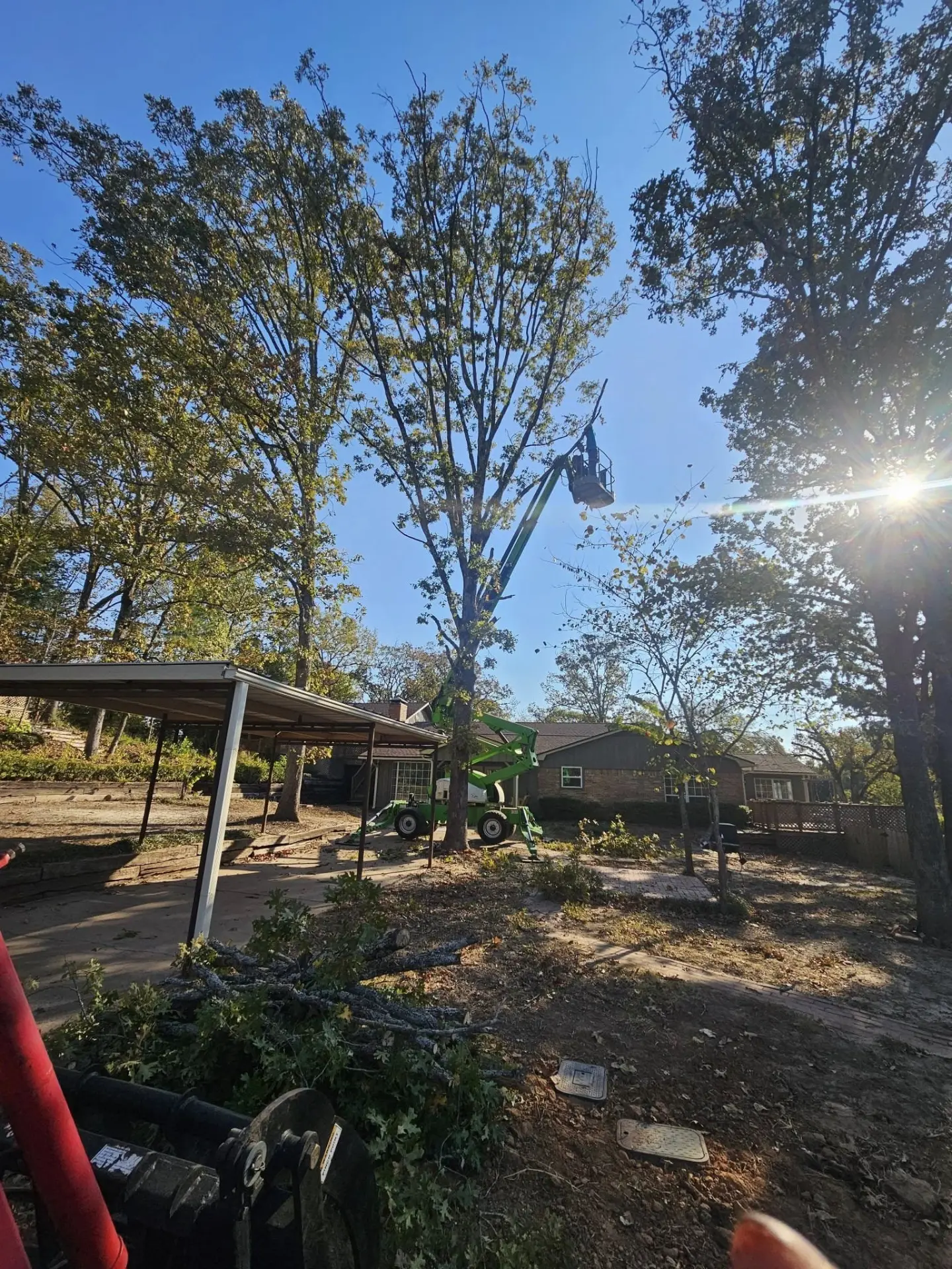 Boom lift trimming the high canopy of a mature tree in a residential yard near a brick home in Overton, Texas